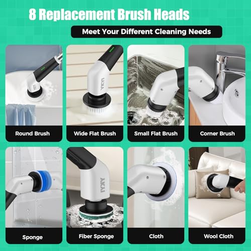 YKYI White Cordless Electric Spin Scrubber with Long Handle & 8 Brush Heads