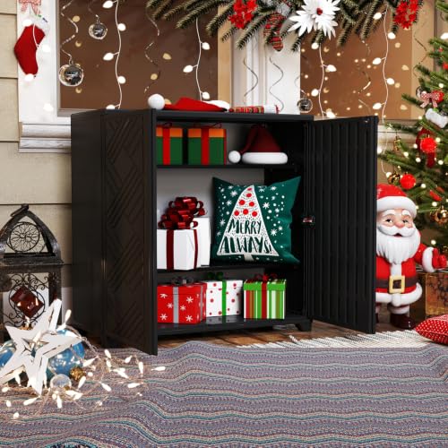 ZZM 34W x 15D x 34H Outdoor Storage Cabinet with 2 Shelves, Black - Waterproof HDPE
