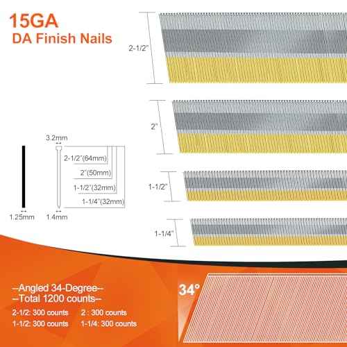 15 Gauge DA Angled Finish Nails, 34-Degree, 1200-Pack (2-1/2", 2", 1-1/2", 1-1/4" 300 Per Sizes), Galvanized Assorted Size Project Pack, for Pneumatic, Electric Angled Finish Nailer Gun