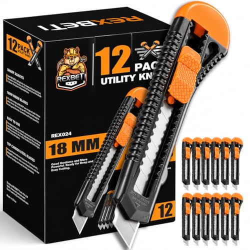 REXBETI 12-Pack Heavy-Duty Retractable Utility Knives with 18mm Blades - Office & Home Use