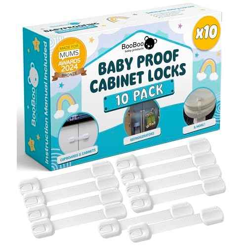 Booboo¢ç (10 Pack) Premium Cabinet Locks Baby Proofing, Child Proof Cabinet Locks, Cupboard Locks for Children with 3M Adhesive + 4 Extra Stickers