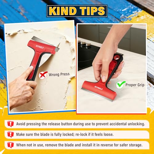 DIYSELF Razor Blade Scraper with 10 Metal Blades & Red Variation, 4-inch Heavy-Duty Cleaning Tool