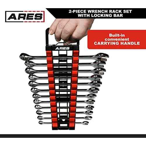 ARES 62043-2-Piece Wrench Rack Set with Locking Bar - SAE Rack Holds 1/4-Inch to 1-Inch Sizes - Metric Holds 6 to 25mm Sizes - Locking Metal Clip Secures Wrenches
