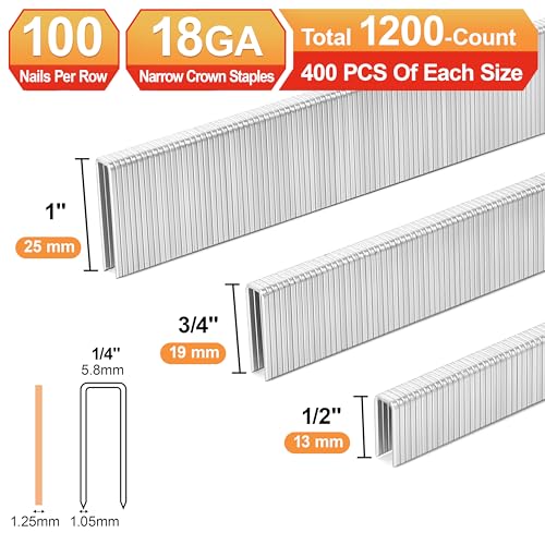 Korantek 18 Gauge Narrow Crown Stapler Staples 1/2, 3/4, 1 Inch Assembly Pack 1200pcs