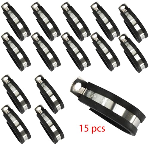 15Pcs 1-1/4 Inch(32mm) R Type Cable Clamps, 304 Stainless Steel Pipe Clamp - Durable Pipe Clamp for Tube, Wire Lines, Hoses - Rubber Cushioned Insulated Loop Clamp
