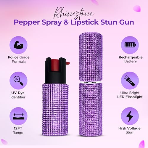 FURY Gem Stone Pepper Spray Lipstick Stun Gun Combo - Stylish Multi-Color, 12ft Range, UV Dye Identifier, Flashlight, Rechargeable, Self-Defense Kit, Personal Safety, Rhinestone casing