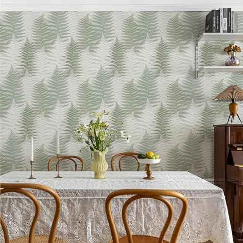 JiffDiff Botanical Fern Peel and Stick Wallpaper 17.73" x 118.1" Leaf Moody Ferns Forest Textured Self Adhesive Temporary Wall Paper for Bathroom Bedroom Apartment Friendly