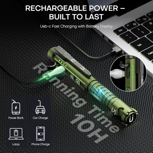 Green PASIION 800 Lumen Rechargeable EDC Flashlight with Magnetic Clip & Base – 11 Modes, Glass Breaker & USB-C Charging
