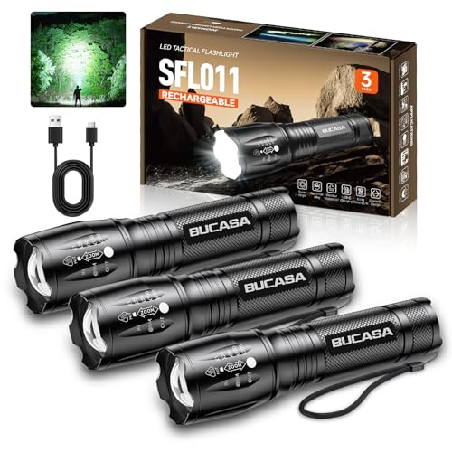 BUCASA Black Rechargeable Tactical Flashlights 3 Pack - High Lumens, Waterproof, Zoomable, Emergency & Camping Use
