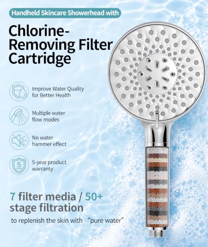 SR SUN RISE Bright Silver Filtered Handheld Shower Head with 9 Spray Modes + 1 Replacement Filter