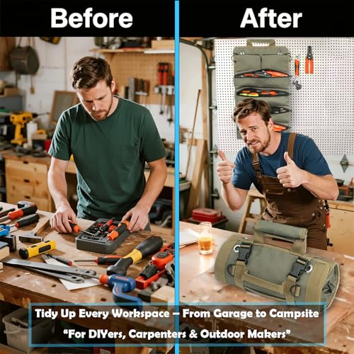 Roll Up Tool Bag Organizer: Compact Heavy Duty 1200D Oxford Waterproof with 6 Pockets ? Gift for Electrician Carpenter Mechanic & DIYer