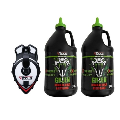CE TOOLS COMBO 1 Unit SnapBack® Chalk Line with Releasable Tip and 2 Unit 3LB Mean Green EXTREME VISIBILITY Marking Chalk-Made in US, For Chalkline, Job site Chalk, Hydrophobic, Construction use.