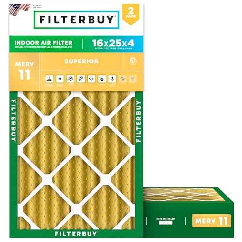 Filterbuy 16x25x4 Air Filter MERV 11 (MPR 1200) Allergen Defense Replacement (2-Pack), Electrostatic Pleated HVAC AC Furnace Filters, Made in USA (Actual Size: 15.50 x 24.50 x 3.63)