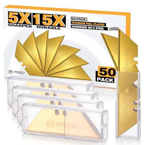 50-Pack Utility Knife Blades, Titanium Fully Plated, Durable SK-2 Razor Blades for Utility Knife Box Cutter, Never Rust, Extra Durable