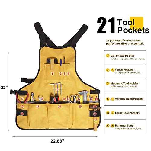 Work Tool Apron for Men and Women, Torso Length with 21 Tool Pockets, Durable Canvas Apron, DIY Enthusiasts, Gifts for Men Dad Father(Yellow)