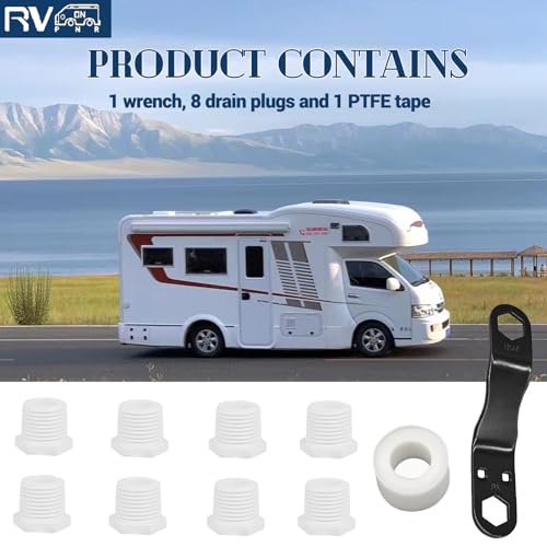 RV Water Heater Drain Plug Kit with Flag & Angled Wrench - 8 Piece Replacement Set
