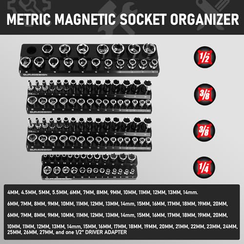 8PCS Magnetic Socket Organizer Set, Magnetic Socket Holder, 1/4", 3/8", 1/2" Metric & SAE Magnetic Socket Tools Trays.