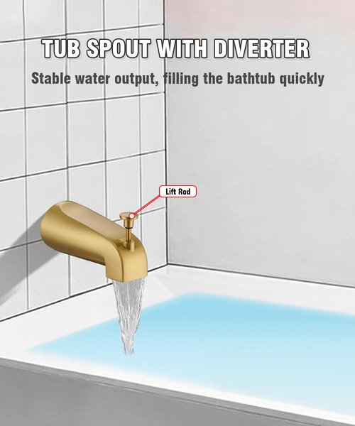 FROPO Tub Spout with Diverter, Slip On Bathtub Spout Fits 1/2'' Copper Tube(5/8'' Dia), Bathroom Tub Faucet with PTFE Tape & Hex Wrench, Brushed Gold