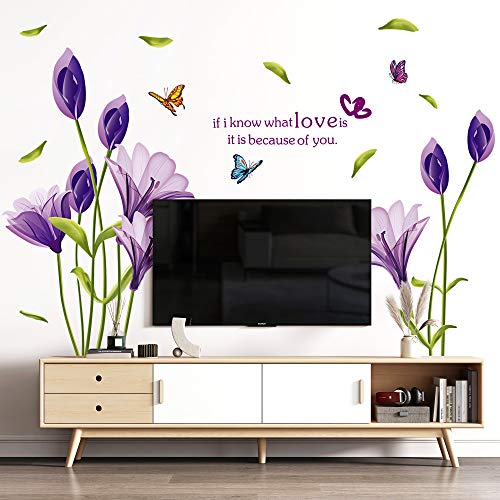 LiveGallery Beautiful Lovely Lily Flowers Wall Decals Removable DIY Butterfly Flower Vines Art Decor Wall Stickers Murals for Living Room TV Background Kids Gilrs Rooms Bedroom Decoration (Purple)