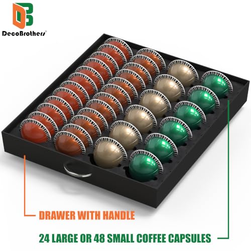Deco Brothers 24 Large / 48 Small Vertuo Pod Holder - Tempered Glass Sliding Drawer, Black (48 pcs)