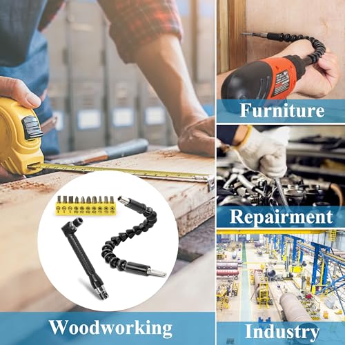 90 Degree Drill Attachment - Right Angle Screwdriver Extension,11.6-Inch Flexible Soft Shaft with 10 Interchangeable Bits,Power Drill Accessory Kit(12-Piece)