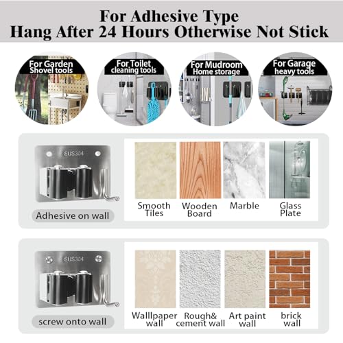 HAOYOWJY Mop Holder and Broom Holder Wall Mount Stainless Steel 304 Tool Garage Organization Rack Screw and Self Adhesive Broom Hanger Heavy Duty 4pcs