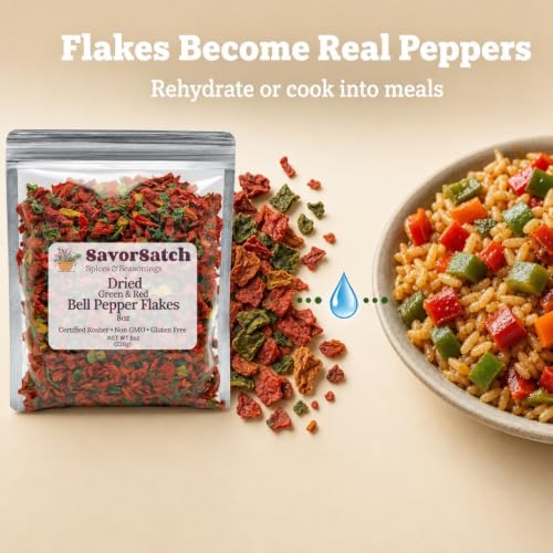 SavorSatch Dried Red & Green Bell Pepper Flakes 8oz Resealable Bag, Kosher, Non-GMO