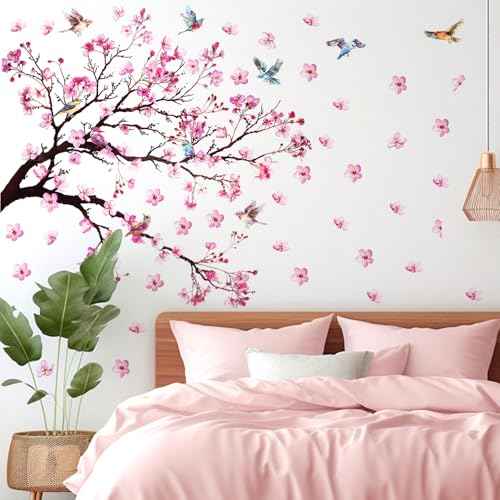 Large Pink Flowers Tree Branch Wall Decals Cherry Blossom Decor Vinyl Stickers,Tree Floral Birds Wall Art Murals,Flower Pattern Wall Stickers for Girls Bedroom Living Room Baby Nursery Tv Background