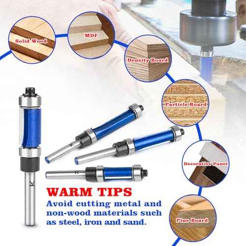 Top and Bottom Bearing Flush Trim Router Bit 1/4 Inch Shank, 1-1/2" Cutting Length,1/2" Cutting Diameter, Carbide Pattern Flush Trim Cut Router bit