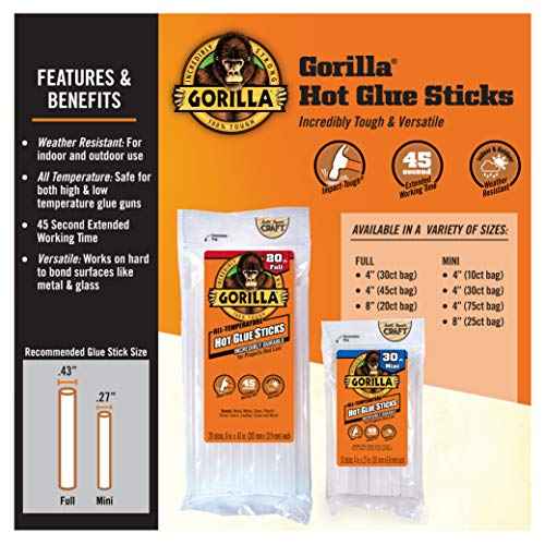 Gorilla Hot Glue Sticks, Clear Glue, Mini Size 4" Long x 0.27" Diameter, 75 Count (Pack of 1) - Safe for All Temperatures with Extended Working Time