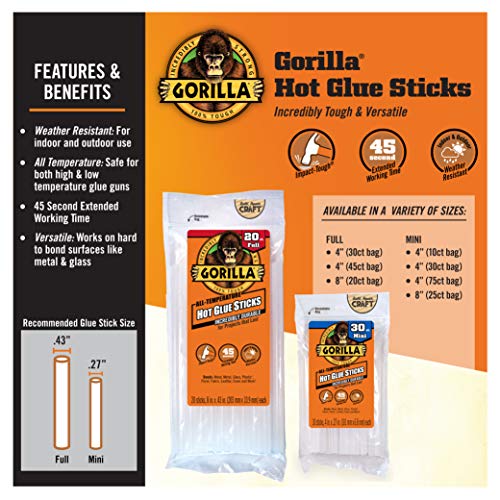 Gorilla Hot Glue Sticks Clear 4 Inch, 45 Count - Full Size, Indoor & Outdoor Use
