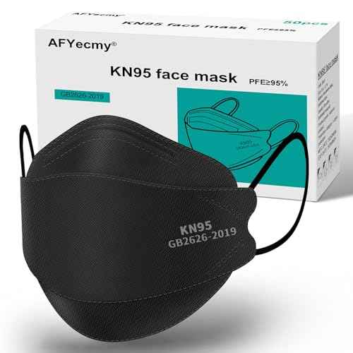 KN95 Face Masks Black 50 Pack for Adults, Breathable Disposable with Elastic Ear Loops