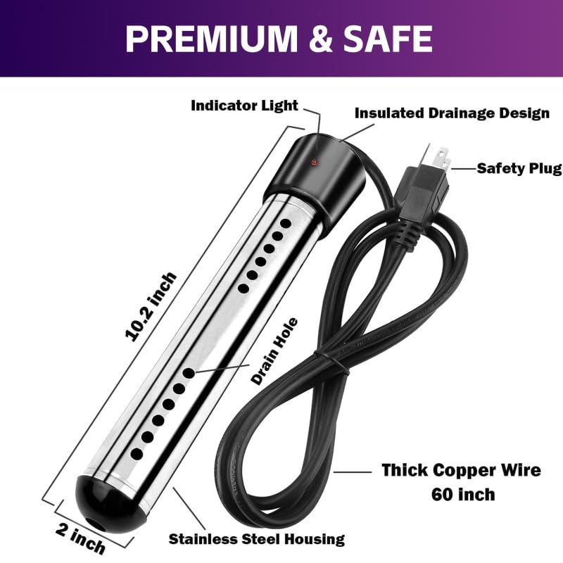 Eaakkoom 2000W Portable Immersion Water Heater with Stainless Steel Guard