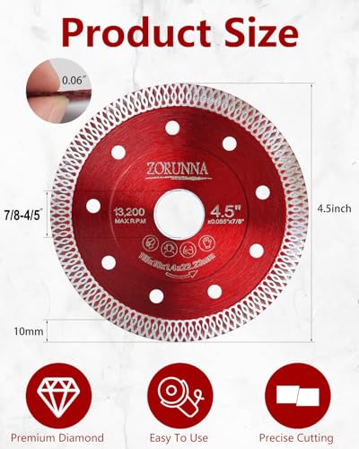 ZORUNNA 4.5-Inch Diamond Tile Cutting Blade for Angle Grinder - 5 Pack