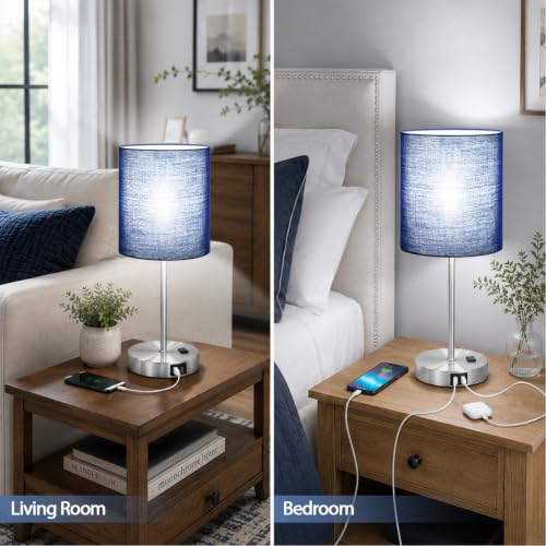 Navy Blue & Brushed Nickel Touch Control Bedside Table Lamps Set with USB & Power Outlets, Dimmable Nightstand Lights, 800 Lumens, 5000K Bulbs Included