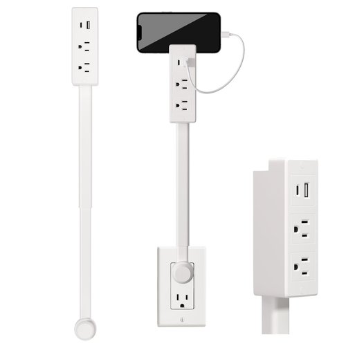 Electrical Outlet Extender Stick with USB-A & USB-C, 2 AC Outlets, 22"-34" Extendable Rotating Outlet Plugs Stick, 180° Rotatable, ETL-Certified, Phone Ledge for Couches, Nightstands, Desks, and More