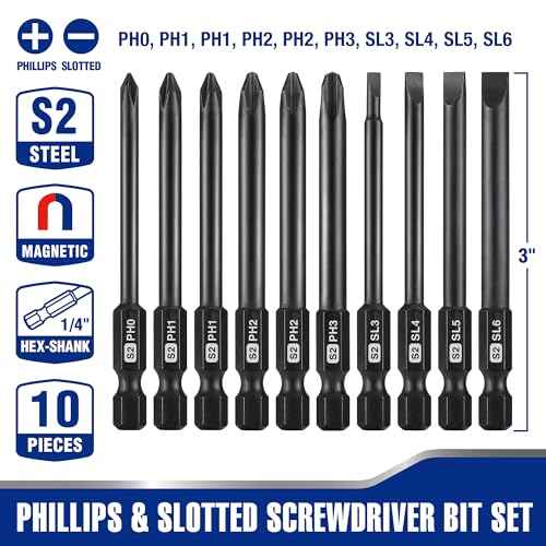 WORKPRO 10pcs Slotted Phillips Screwdriver Bit Set, S2 Steel Magnetic Screwdriver Bits Set, CNC Machined Tips, 1/4 Inch Hex Shank Driver Bits, 3 Inch Long Screwdriver Bits Set with Storage Box