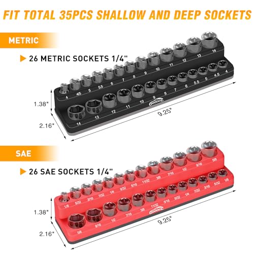 GOOACC 1/4" Magnetic Socket Organizer Tray (2-Pack) Black & Red, Holds 52–53 1/4" Drive Sockets