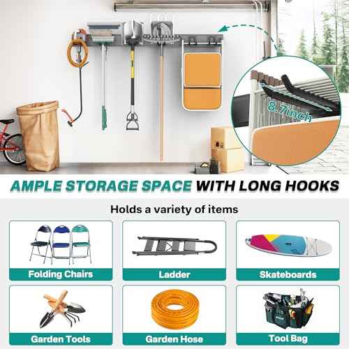 EVERHANGER Garage Tool Storage Organizer, Wall Mount Garden Tool Rack Organization, Heavy Duty Folding Chair Hangers with 6 Adjustable Hooks, Max Load 450lb, 48inch