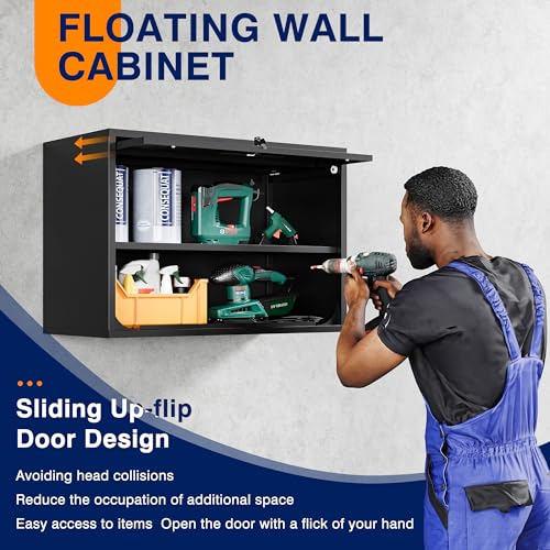 Yizosh Black Garage Wall Cabinet with Sliding Up-Flip Door - 32W x 21.6H x 16D, Heavy-Duty Steel