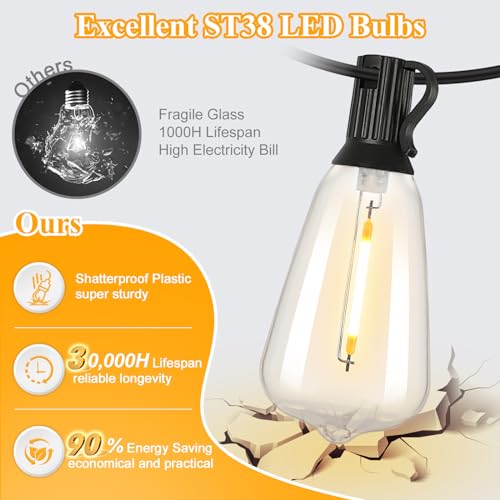 Brightever 100FT Outdoor String Lights with 52 Bulbs, Waterproof Black Wire, Warm White