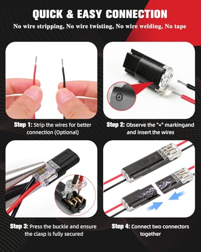 Kuject 100pcs Double Wire Plug-in Connectors 18-22AWG Black - Quick Secure Low-Voltage Wiring