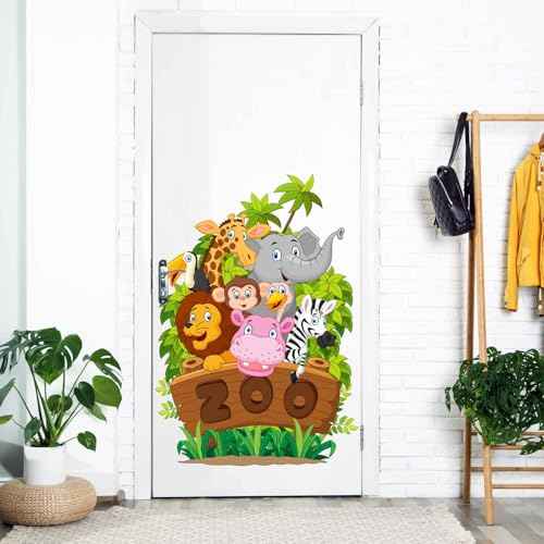 Forest Animals Wall Decals Jungle Zoo Animals Wall Stickers for Kids Room, Lovely Giraffe Elaphant Lion Decor Posters Adorable Zebra Monkey Hippo Art Murals for Nursery Classroom Playroom