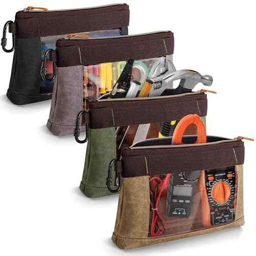 4 Pack Heavy Duty Tool Pouch with Carabiner, 12¡± Canvas Tool Pouch Bag with Clear Window (4 Colors: Black, Gray, Green, Khaki)