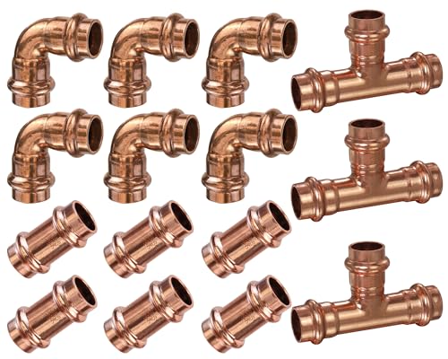 1/2 Inch Copper Press Fittings Kit with Coupling, 90° Elbow & Tee - Zero Lead, CUPC & IAPMO Certified, DIY Plumbing Repair