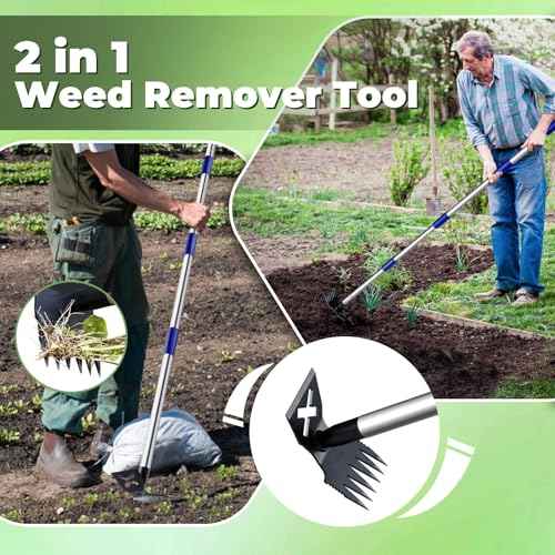 Weed Puller Tool with Long Handle, 60'' Weed Remover Weeding Tool, Heavy Duty 2 in 1 Manual Weed Rake and Garden Hoe, Gardening Weeder Tools for Yard, Lawn, Patio, Garden Blue