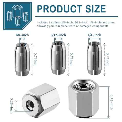 Dreyoo Replacement Collet and Nut Kit Compatible with CN1, Silver, 3 Collets (1/8-inch, 5/32-inch, 1/4-inch) and 1 Nut for Spiral Saw Tools and Drywall Cut out Tools(Silver)