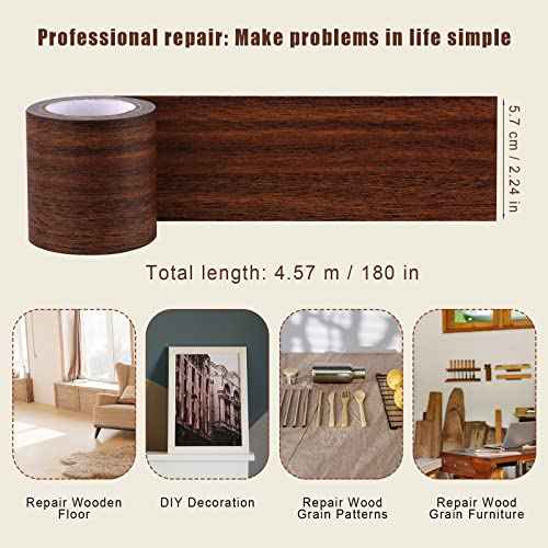 AIEX 1pc Wood Grain Repair Tape, 2.24x180inch Adhesive Wood Grain Repair Patch for Tables, Chairs, Baseboards, Doors (Dark Brown)