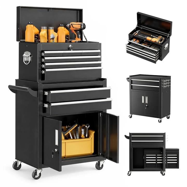 Bonusall Rolling Tool Chest with 8 Drawers, 2 Doors, Detachable 2-in-1 Work Bench, Black - Mobile Cabinet