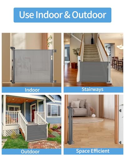 Gray Retractable Dog & Baby Gate for Stairs 33x55 Inches Drill Mount